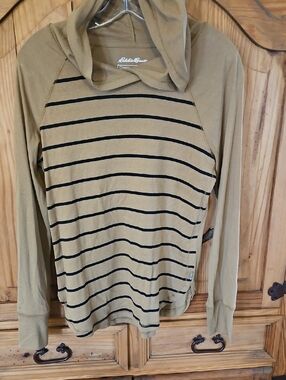 Eddie Bauer Tan Hooded Long Sleeve Top with Black Stripes
